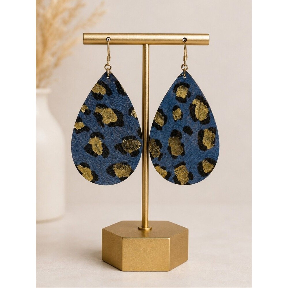 No.3 Blue & Gold Leopard Teardrop Earrings - NWT